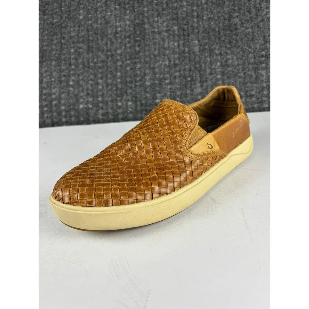 OluKai Lae'ahi Lauhala Woven Leather Slip On Shoes Size 9.5 Fox Tan